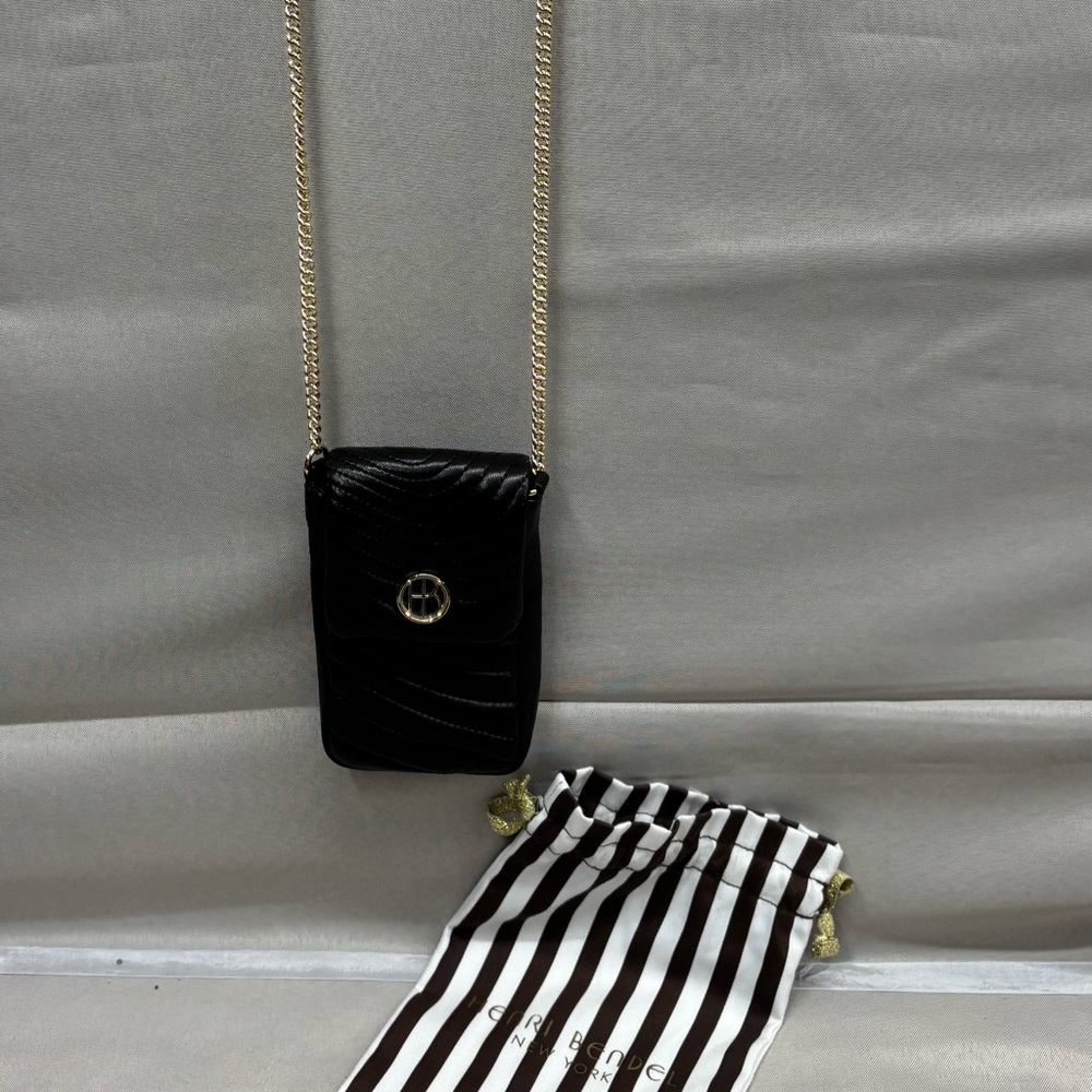 Henri Bendel Black Quilted Mini Leather Crossbody Bag with Gold Chain.